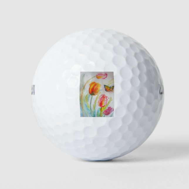 Colourful Tulip and Butterfly Watercolor floral Golf Balls (Front)