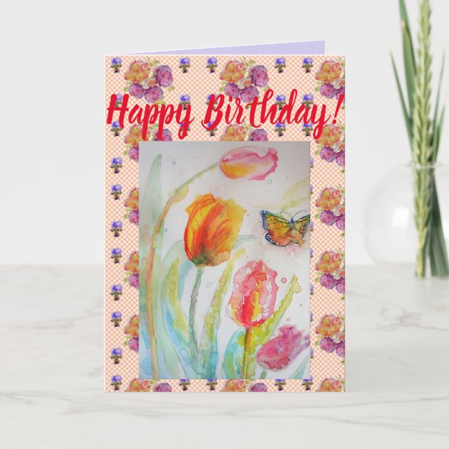 Colourful Tulip and Butterfly Watercolour art Card (Front)