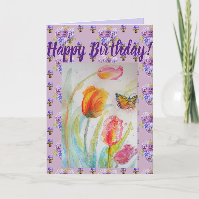 Colourful Tulip and Butterfly Watercolour art Card (Front)