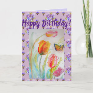 Colourful Tulip and Butterfly Watercolour art Card
