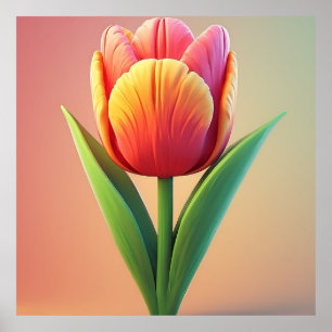 Colourful Tulip Bloom With Green Leaves Poster