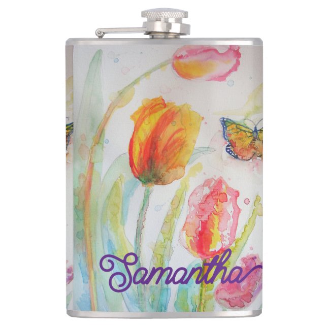 Colourful Tulip Butterfly Watercolor Customizable  Hip Flask (Front)