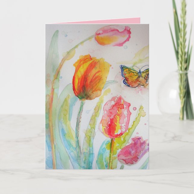 Colourful Tulip & Butterfly Watercolour Greetings Card (Front)