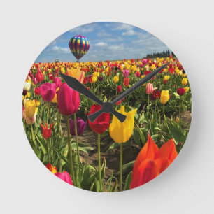 Colourful Tulip Field with Balloon Round Clock