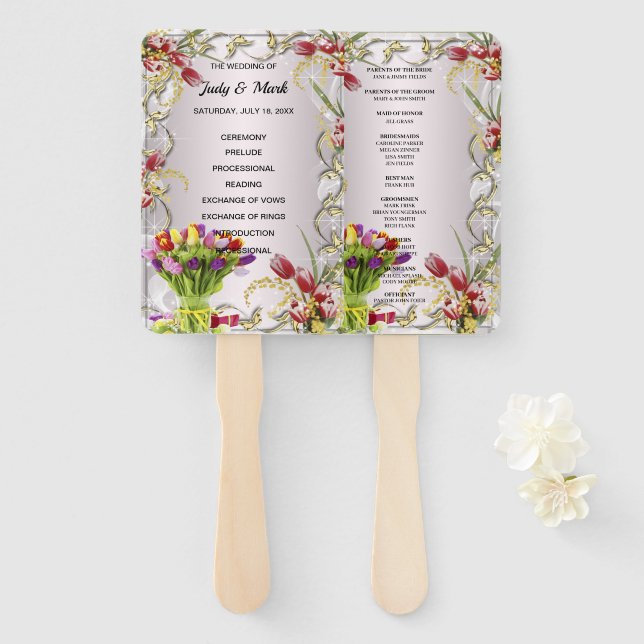 Colourful Tulip Floral Wedding Program Hand Fan (Front and Back)