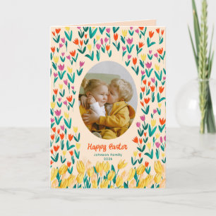 Colourful Tulip Happy Easter Family Photo Greeting Card