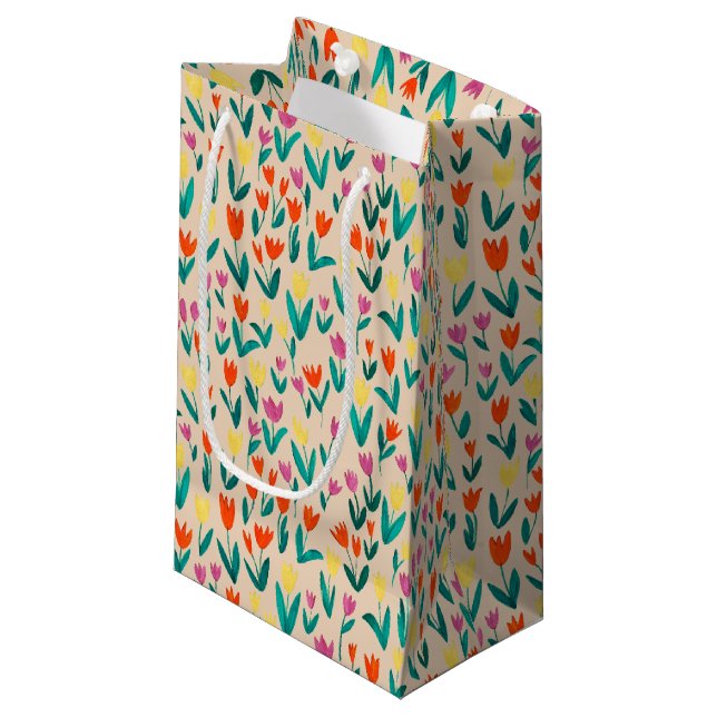 Colourful Tulip Pattern Cute Floral Spring Small Gift Bag (Front Angled)