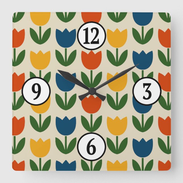 Colourful Tulip Pattern Square Wall Clock (Front)