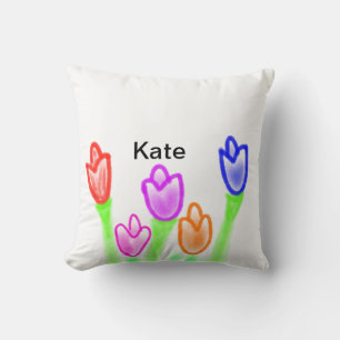 Colourful tulip watercolor add name text modern cushion
