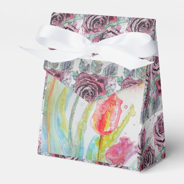 Colourful Tulip Watercolour Party Cake Favour Box (Front Side)