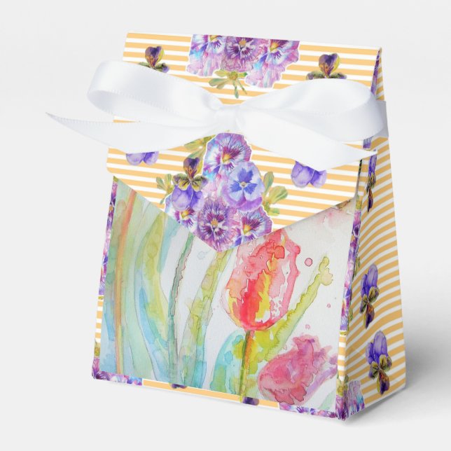 Colourful Tulip Watercolour Party Cake Favour Box (Front Side)