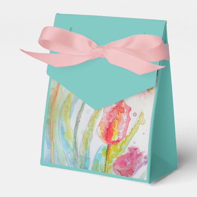 Colourful Tulip Watercolour Party Cake Favour Box (Front Side)
