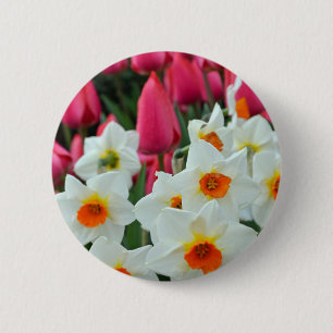 Colourful tulips and daffodils garden 6 cm round badge