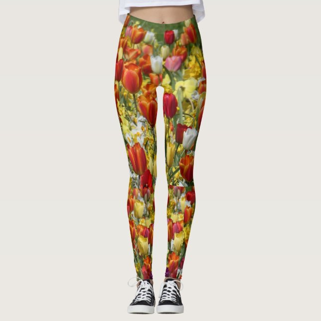 Colourful Tulips & Daffodils Flowers Legging (Front)
