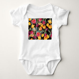 Colourful tulips, isolated black background. baby bodysuit