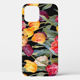 Colourful tulips, isolated black background. iPhone 12 case