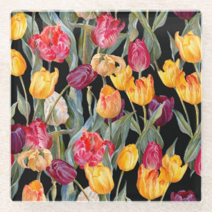 Colourful tulips, isolated black background. glass coaster