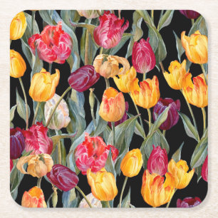 Colourful tulips, isolated black background. square paper coaster