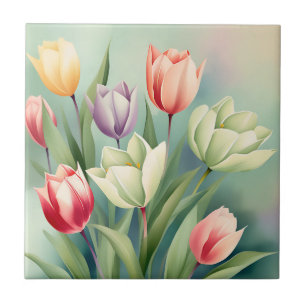 Colourful Tulips Watercolor Romantic Ceramic Tile
