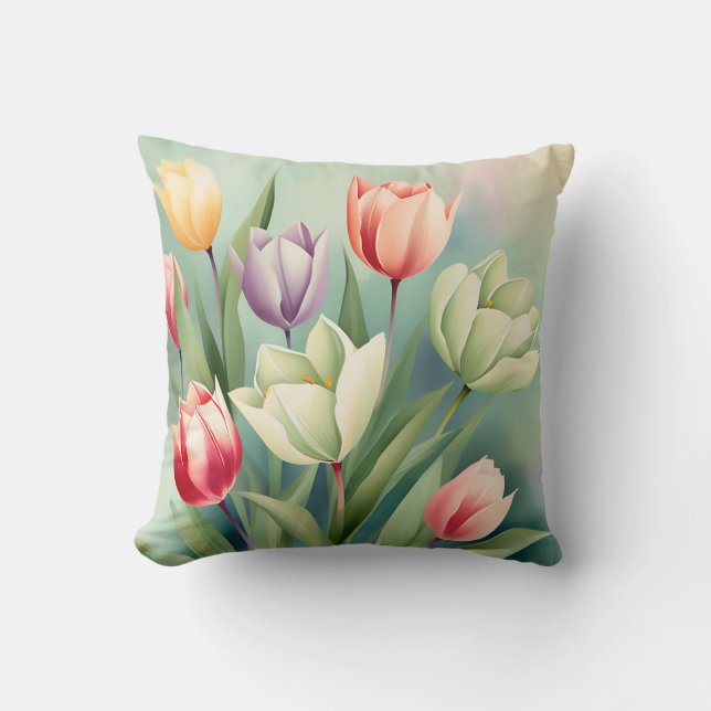 Colourful Tulips Watercolor Romantic Cushion (Front)