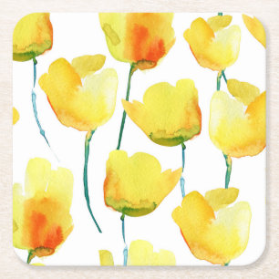 Colourful Tulips Watercolor: Seamless Illustration Square Paper Coaster