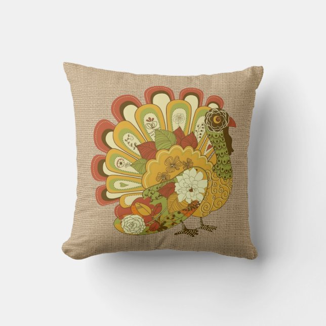 Colourful Turkey on faux Burlap Pillow (Front)