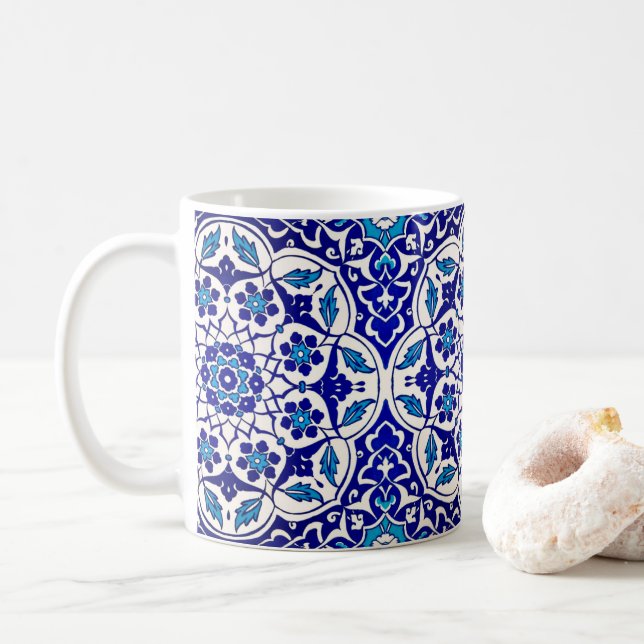 Colourful Turkish Ottoman Iznik Blue White Tile Coffee Mug (With Donut)