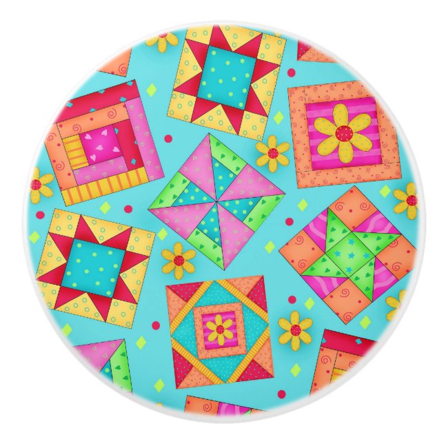 Colourful Turquoise Blue Quilt Patchwork Block Art Ceramic Knob (Front)