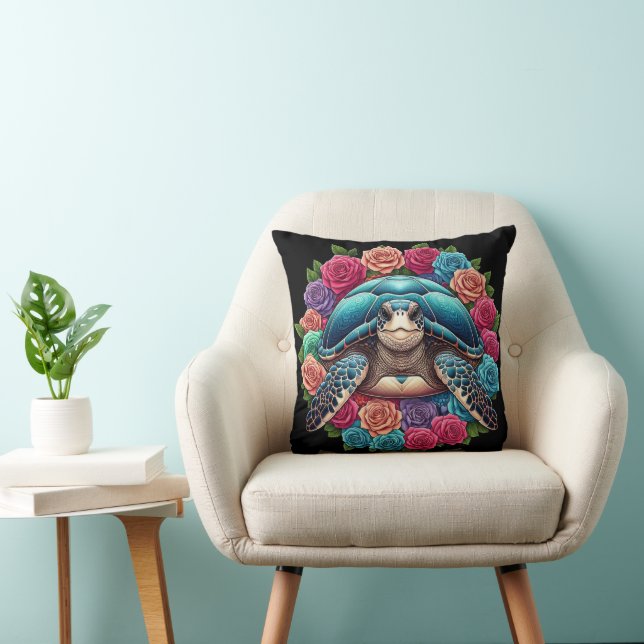 Colourful Turtle Illustration Surrounded by Roses Cushion (Chair)