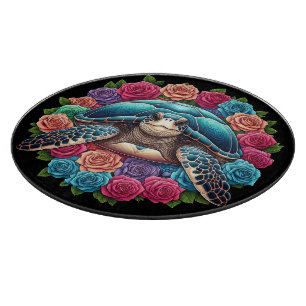 Colourful Turtle Illustration Surrounded by Roses Cutting Board