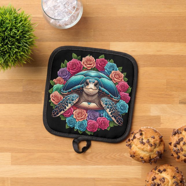 Colourful Turtle Illustration Surrounded by Roses Pot Holder (Top Down)