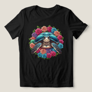 Colourful Turtle Illustration Surrounded by Roses Tri-Blend Shirt