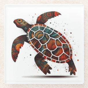 colourful turtle painted in aboriginal style glass coaster