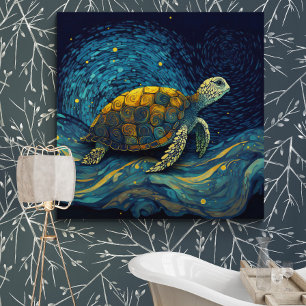 Colourful turtle swimming under starry night sky canvas print