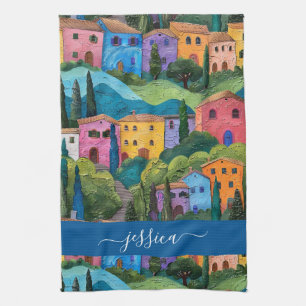 Colourful tuscany pattern script name tea towel