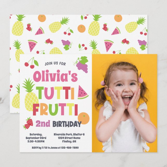 Colourful Tutti Frutti Photo Birthday Party Any Ag Invitation (Front/Back)