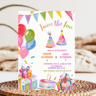 Colourful Twice the Fun Sibling Birthday  Invitation