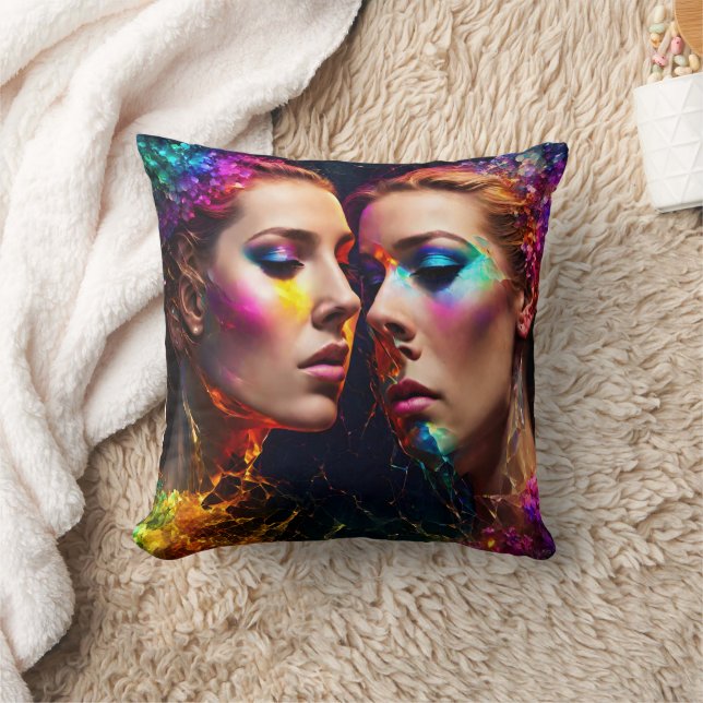Colourful Twin Faces With Neon Effects at Night Cushion (Blanket)