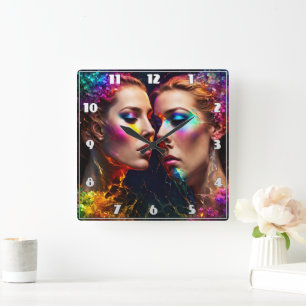 Colourful Twin Faces With Neon Effects at Night Square Wall Clock