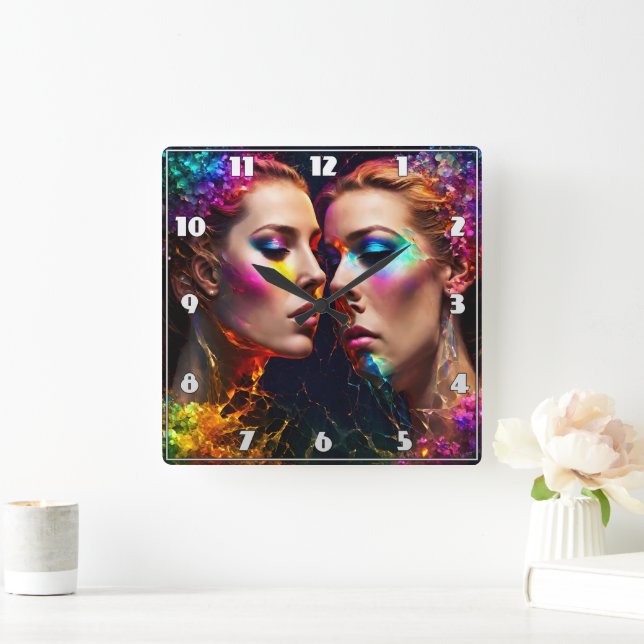 Colourful Twin Faces With Neon Effects at Night Square Wall Clock (Home)