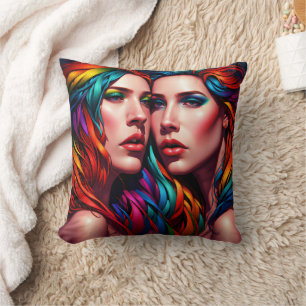 Colourful Twin Portrait With Bold Hair Cushion