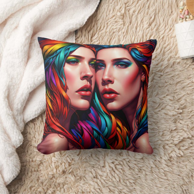 Colourful Twin Portrait With Bold Hair Cushion (Blanket)