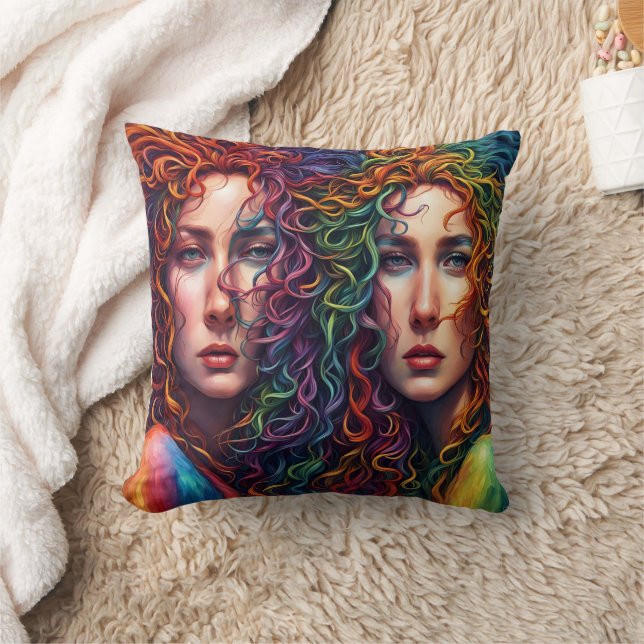 Colourful Twin Portrait With Curly Hair Cushion (Blanket)