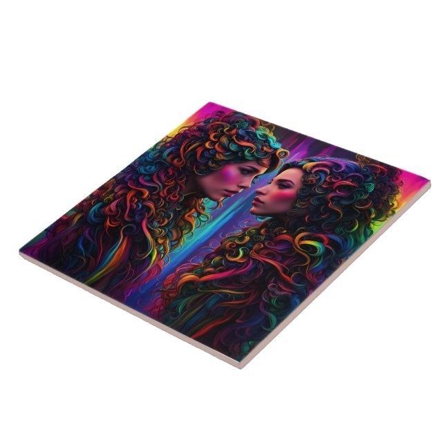 Colourful Twin Portraits With Curly Hair Design Ceramic Tile (Side)