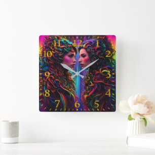 Colourful Twin Portraits With Curly Hair Design Square Wall Clock