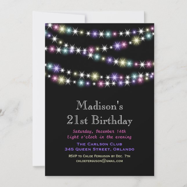 Colourful Twinkle Lights 21st Birthday Invitation (Front)