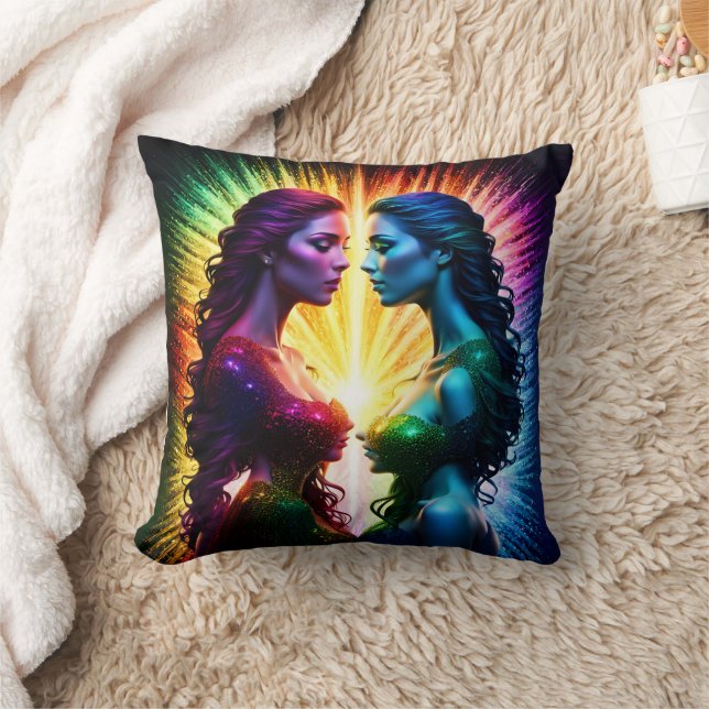 Colourful Twins Embracing Light at Night Cushion (Blanket)