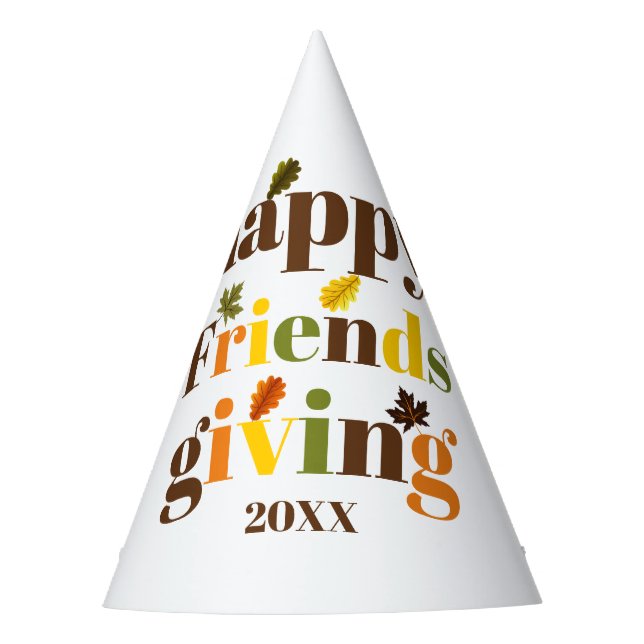 Colourful typograhy and fall leaves Friendsgiving Party Hat (Front)