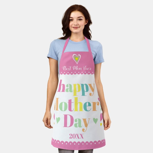 Colourful typography and hearts, pink Mothers Day  Apron (Worn)