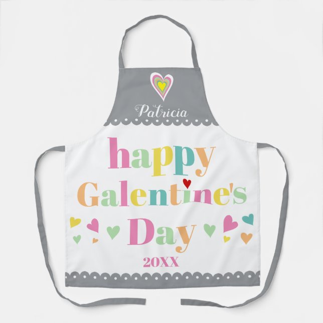 Colourful typography, grey border Galentines Day Apron (Front)
